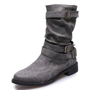 Gray Stone Buckle-Detail Ankle Boot